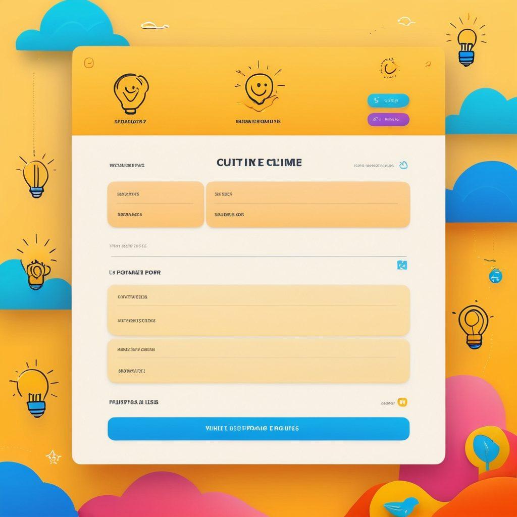 A beautifully designed submission form with colorful fields and engaging icons, surrounded by joyful users interacting with it. Incorporate elements that symbolize happiness, like smiling faces and lightbulbs, while highlighting UX/UI design principles. The background should feature a serene environment, evoking a sense of tranquility and engagement. super-realistic. vibrant colors. light background.