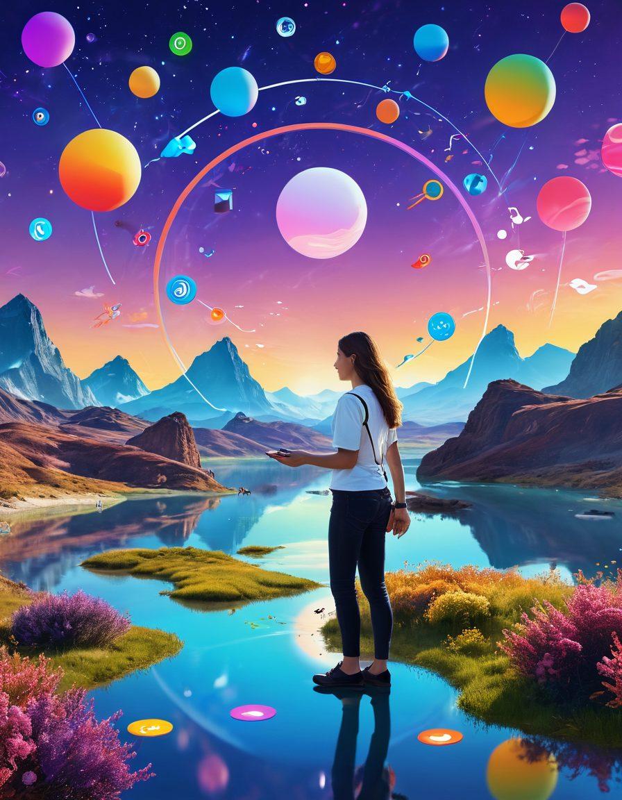 A surreal scene showing a user joyfully interacting with a colorful, futuristic application interface, surrounded by floating icons representing features like accessibility, user-friendliness, and customization. In the background, a serene landscape symbolizes harmony and satisfaction. The overall atmosphere conveys a sense of bliss and fulfillment as the user experiences the joy of using the perfect application. vibrant colors. digital art.